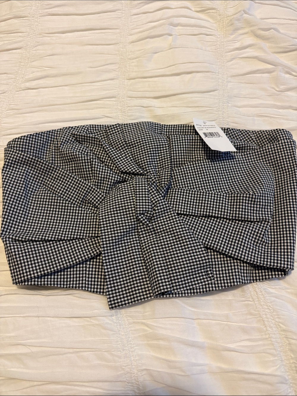 Socialite Black and White Gingham Strapless Knot Front Crop Top